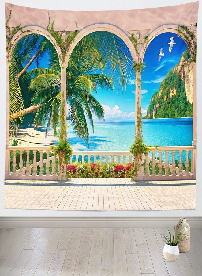Loccor Tropical Beach Palm Tree Tapestry Balcony Window Seascape Landscape Wall Hanging Summer Seaside Paradise Wall Hanging Home Decor for Bedroom Living Room W106 x H70 inches - Image 2