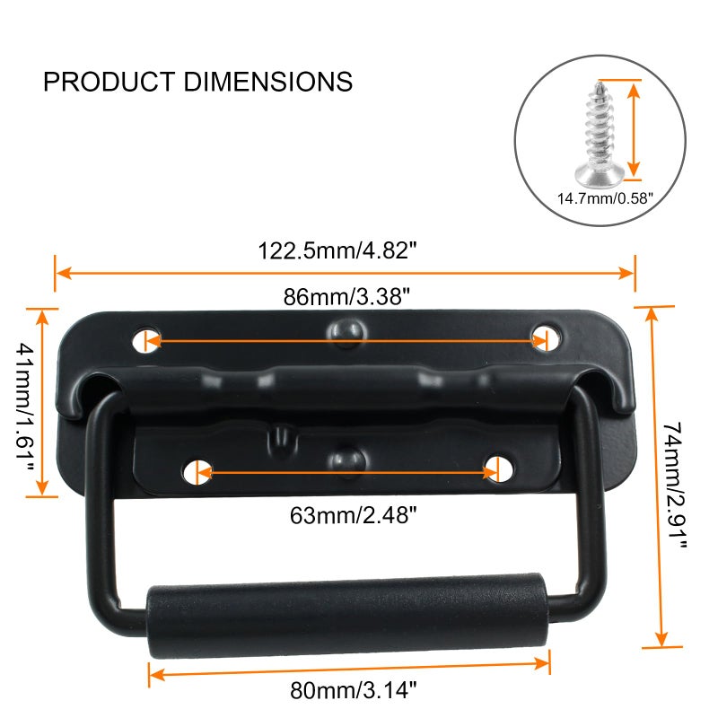 LifCratms 2Pcs Black Spring Loaded Case Handles, 304 Stainless Steel Surface Mount Chest Handle with Rubber Grip, Heavy Duty Cabinet Pulls Hardware for Toolbox Chest Case (122mm / 4.82") - Image 2