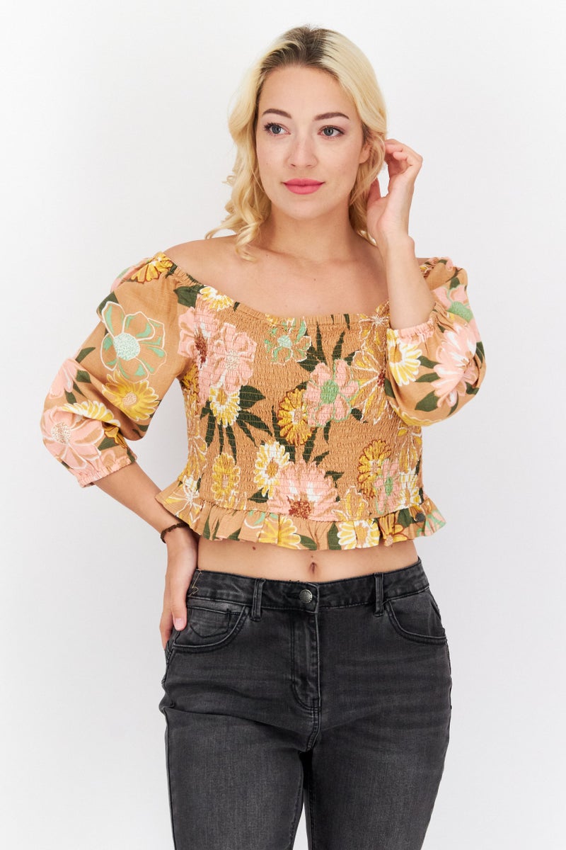 Roxy Women Off Shoulder Floral Print Top, Brown Combo - Image 1