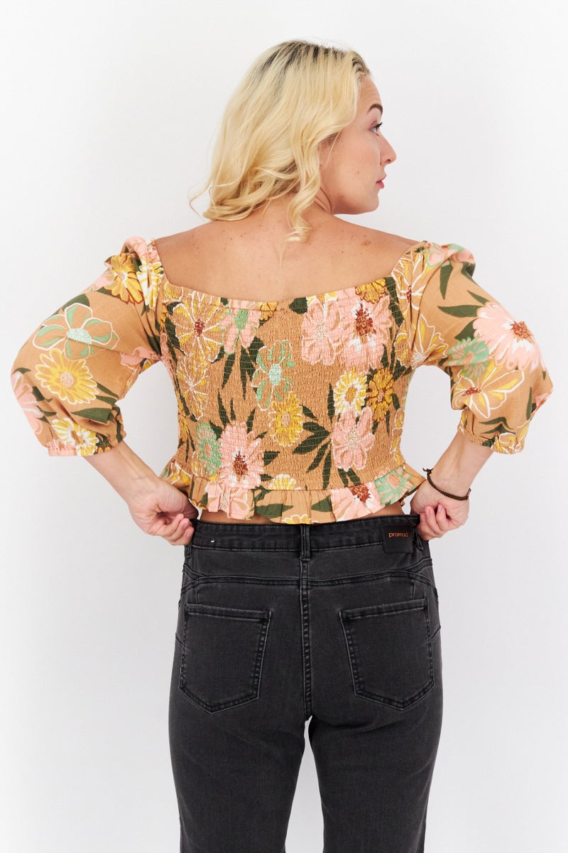 Roxy Women Off Shoulder Floral Print Top, Brown Combo - Image 3