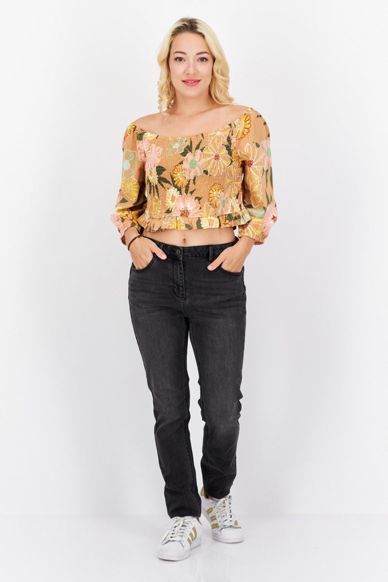Roxy Women Off Shoulder Floral Print Top, Brown Combo - Image 2