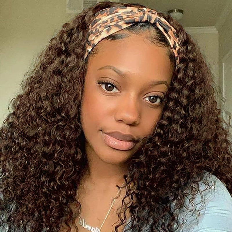 Aiterina Headband Wig Human Hair Headband Wig Deep Wave Human Hair Wigs for Black Women Glueless Human Hair Wigs Machine Made 150% Density No Lace Deep Headband Wig Chocolate Brown 12 inch - Image 1
