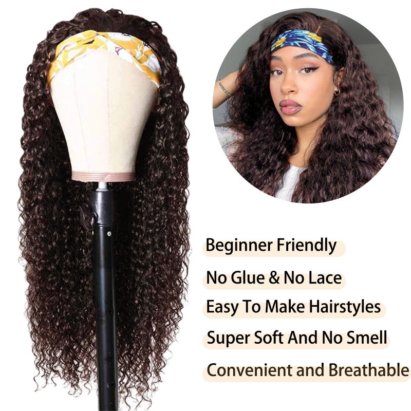 Aiterina Headband Wig Human Hair Headband Wig Deep Wave Human Hair Wigs for Black Women Glueless Human Hair Wigs Machine Made 150% Density No Lace Deep Headband Wig Chocolate Brown 12 inch - Image 5
