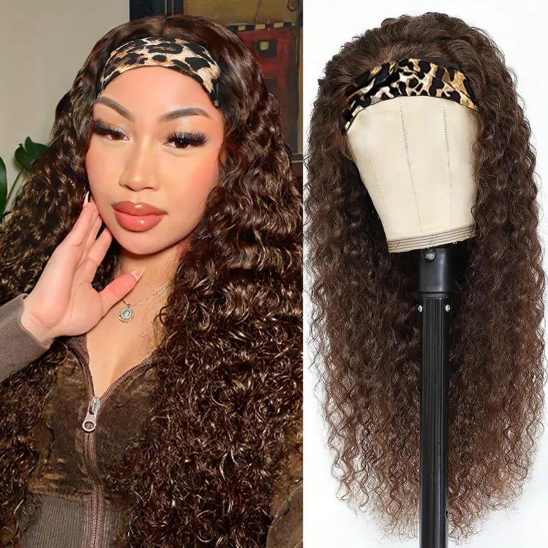 Aiterina Headband Wig Human Hair Headband Wig Deep Wave Human Hair Wigs for Black Women Glueless Human Hair Wigs Machine Made 150% Density No Lace Deep Headband Wig Chocolate Brown 12 inch - Image 2