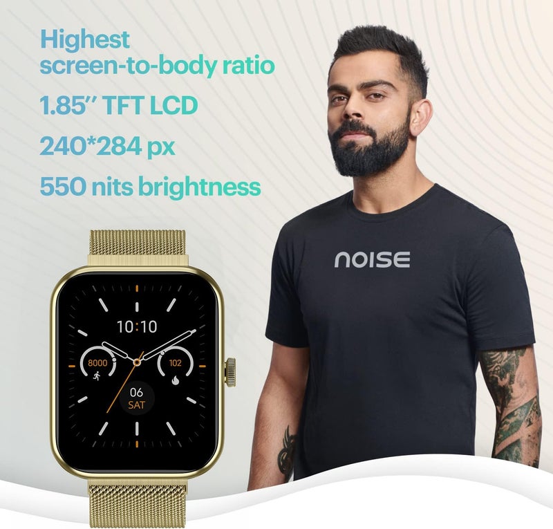 Noise Roll over image to zoom in Pulse 2 Max 1.85" Display, Bluetooth Calling Smart Watch, 10 Days Battery, 550 NITS Brightness, Smart DND, 100 Sports Modes, Smartwatch for Men and Women (Gold Link) - Image 2