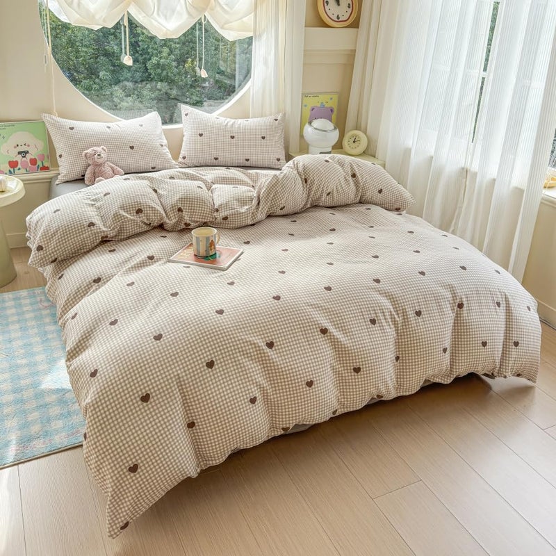 BlueBlue Heart Duvet Cover Set Twin 100% Cotton Soft Lightweight Gauze Bedding Brown Hearts Love on Plaid 1 Abstract Geometric Comforter Cover 2 Pillowcases (Twin) - Image 3