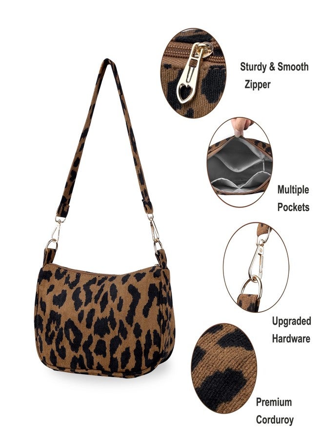 FITDON Small Shoulder Bag for Women, Corduroy Hobo Tote Handbag Clutch Purse Crescent Underarm Bag Y2k Crossbody Bags with 3 Removable Straps, Leopard - Image 4