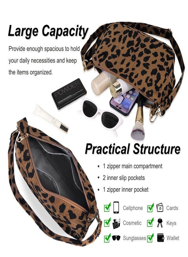 FITDON Small Shoulder Bag for Women, Corduroy Hobo Tote Handbag Clutch Purse Crescent Underarm Bag Y2k Crossbody Bags with 3 Removable Straps, Leopard - Image 5