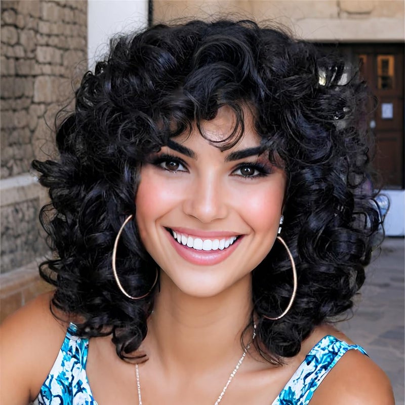 AIDUSA Curly Wigs for Black Women Synthetic Loose Curly Wigs with Bangs 14 Inch Wig Black Natural Bob Wigs for Women 1B Natural Black