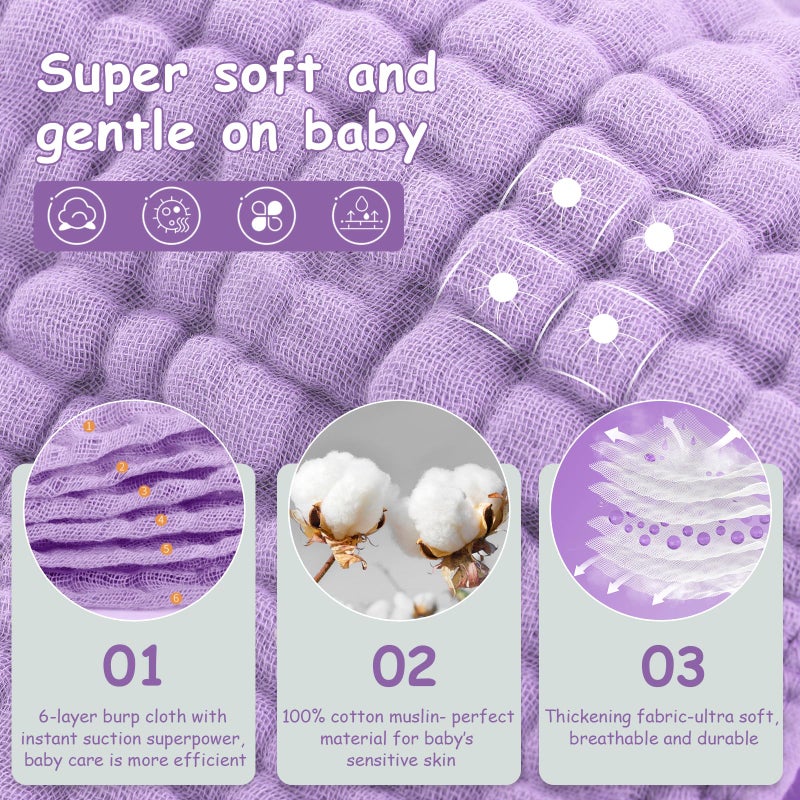 Looxii Muslin Burp Cloths 100% Cotton Muslin Cloths Large 20''x10'' Extra Soft and Absorbent 6 Pack Baby Burping Cloth for Boys and Girls (Purple) - Image 2