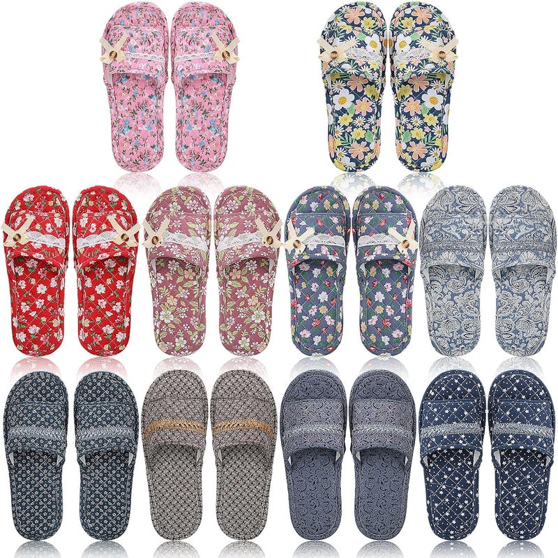 Chuarry 10 Pairs Floral Cotton House Slippers for Guest Women Washable Indoor Cotton Slippers Open Toe for Hotel Travel Airplane Spa 2 Sizes