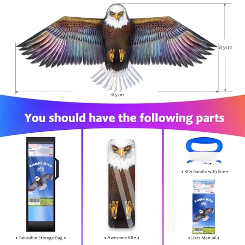 HONBO Eagle Kites for Adults and Kids,Easy to Fly for Beach Trip, Outdoor Activities-Wingspan 73”-200ft Line with Swivel-Bonus Durable Polyester Bag - Image 2
