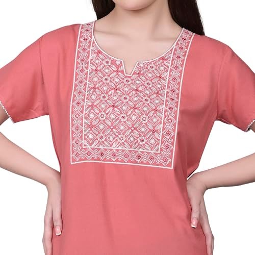 SAND DUNE Plain Alpine Nighty with Embroidery in The Front and a Pocket Women Cotton Floor Length Nighty (Carrot - M) Peach - Image 5