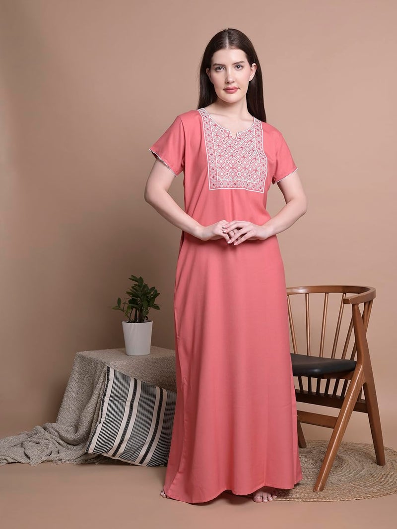 SAND DUNE Plain Alpine Nighty with Embroidery in The Front and a Pocket Women Cotton Floor Length Nighty (Carrot - M) Peach - Image 2