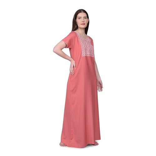 SAND DUNE Plain Alpine Nighty with Embroidery in The Front and a Pocket Women Cotton Floor Length Nighty (Carrot - M) Peach - Image 3