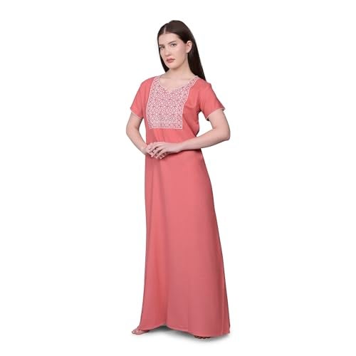 SAND DUNE Plain Alpine Nighty with Embroidery in The Front and a Pocket Women Cotton Floor Length Nighty (Carrot - M) Peach - Image 1