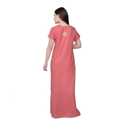 SAND DUNE Plain Alpine Nighty with Embroidery in The Front and a Pocket Women Cotton Floor Length Nighty (Carrot - M) Peach - Image 4