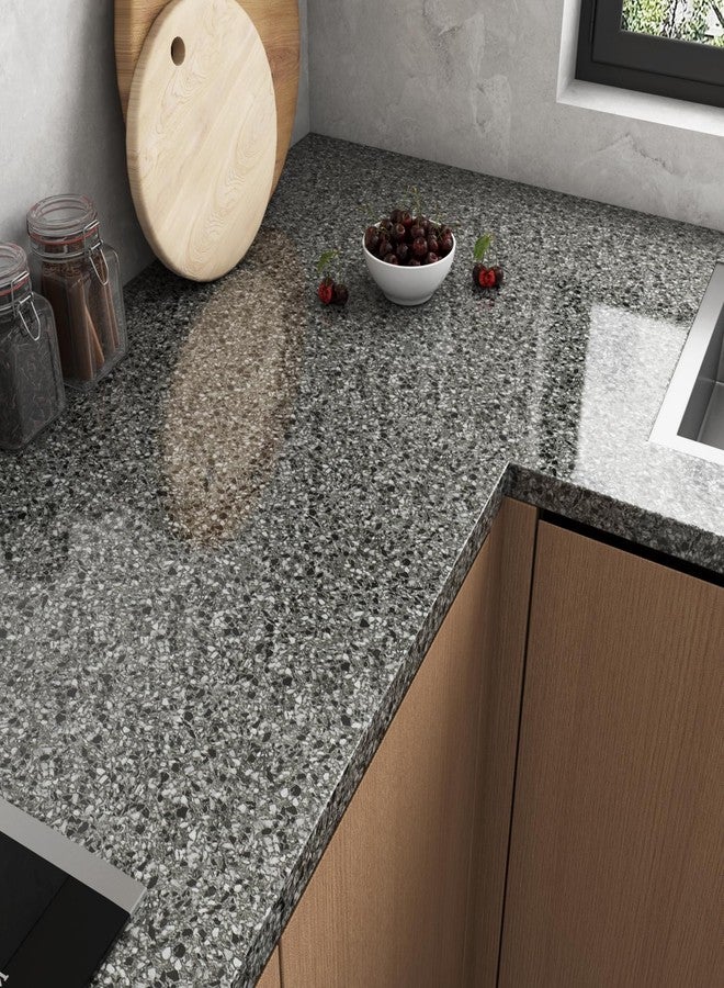 LaCheery Black Granite Countertop Contact Paper 160 x 36 Inch Wide Counter Top Peel and Stick Waterproof Contact Paper for Bathroom Kitchen Countertops Terrazzo Wallpaper Self Adhesive Vinyl Wrap Desk - Image 3