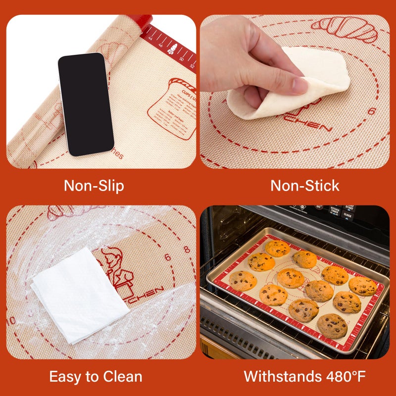 Mimekitchen Extra Thick Silicone Baking Mat with Recipes - 26x16 inch Non Stick Pastry Mat with Measurements for Sourdough, Macarons, Bread, Pizza, Dough Rolling, Kneading, Heat Resistant to 480Â°F Gift for Baker - Image 4