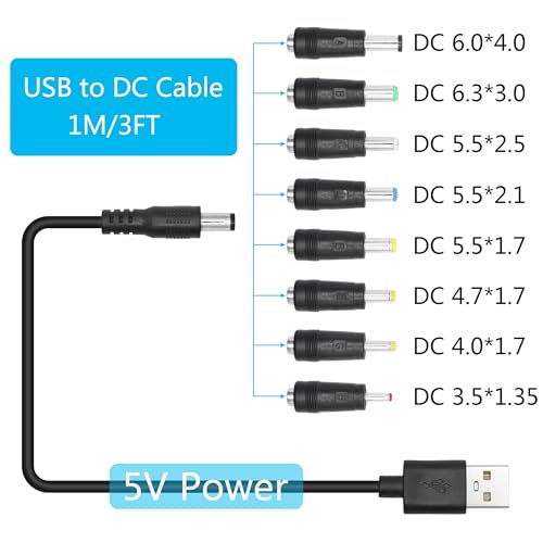 Maixbomr USB to DC 5.5 x 2.1mm Power Cord 1M/3FT, 5V USB 2.0 A Male to DC 5521 Male Plug Cable with 8 DC Connector( 6.0 x 4.0, 6.3 x 3.0, 5.5 x 2.5, 5.5 x 2.1, 5.5 x 1.7, 4.7 x1.7, 4.0 x 1.7, 3.5 x 1.35) - Image 4
