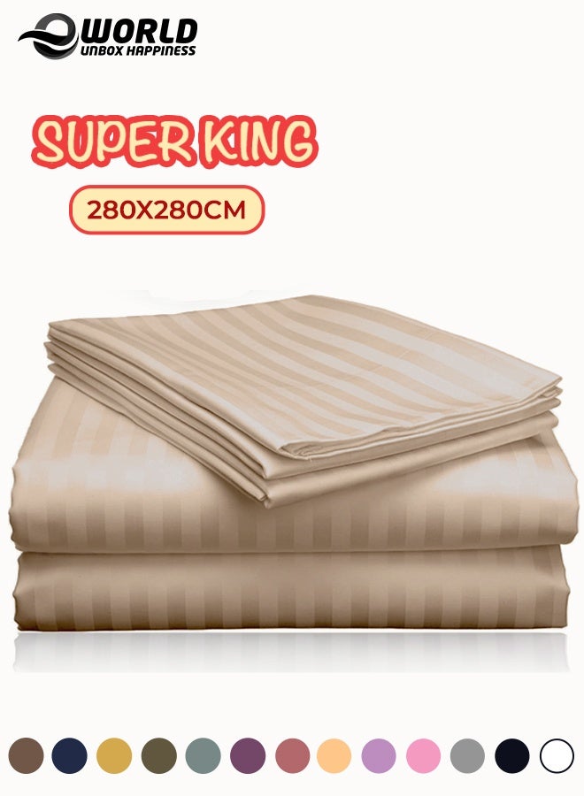 Eworld 3 Piece Super King Cream Striped Bed Sheet Set – Ultra-Soft Microfiber Striped Sheet & 2 Pillowcases, Breathable Luxury Bedding for Home & Hotel Use - Image 1
