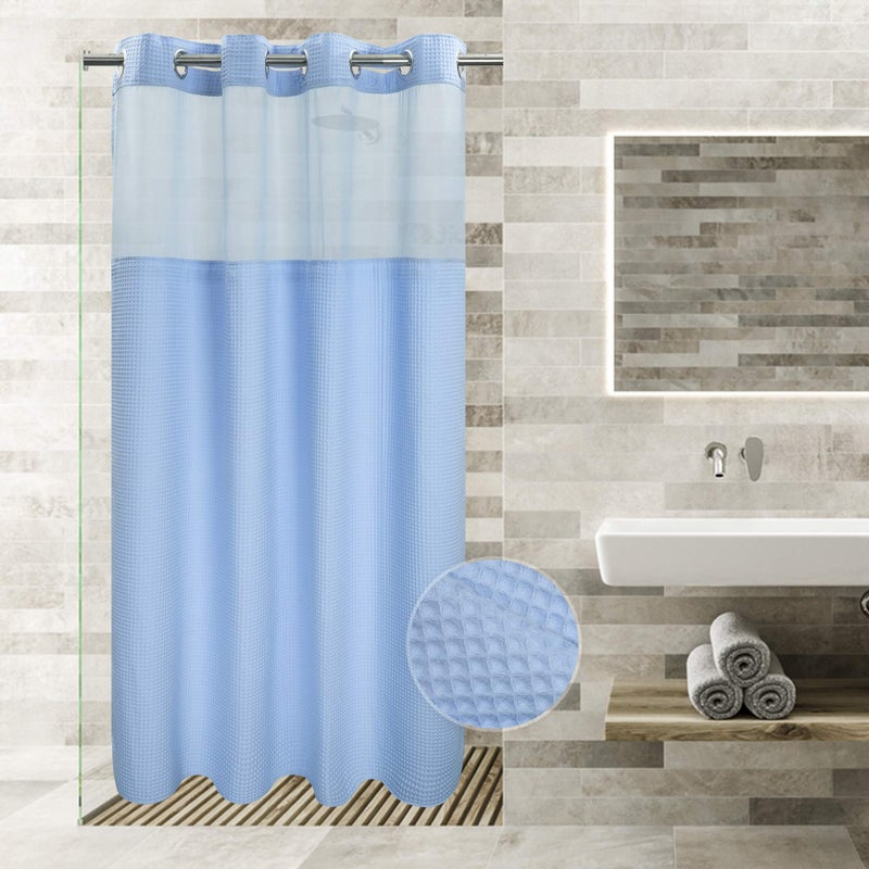 River Dream Sky Blue Fabric Shower Curtain Set Cotton Blend Waffle Weave with Snap in Replacement Liner54 x 80 inches