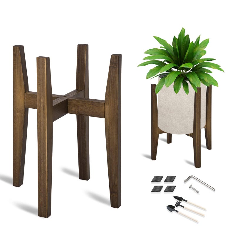 OERGKE Adjustable Plant Stand, Bamboo Mid Century Modern Indoor Plants Stands, Corner Flower Holder for Living Room, Fits 8 to 12 Inches Pots, (Pot & Plant Not Included)(Walnut, 1 Pack) - Image 1