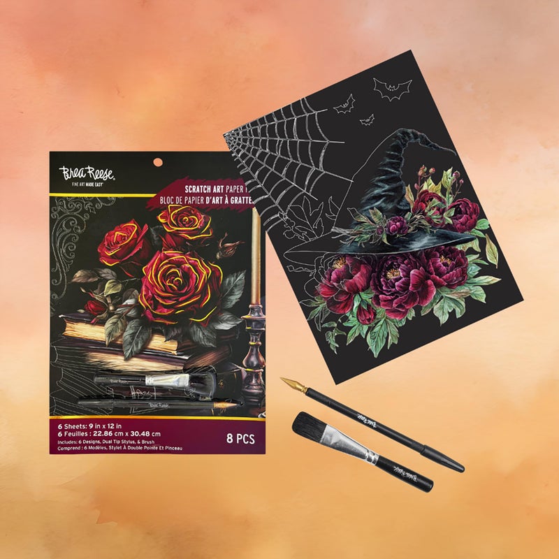 Brea Reese: Scratch Art Paper Pad - Witching Hour - 6 Designs, Guided Art, Metallic Accents, Stylus & Brush, Perforated 9x12 Pages, DIY Adult Craft - Image 4