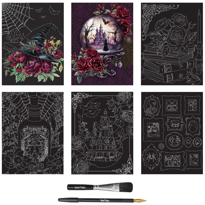 Brea Reese: Scratch Art Paper Pad - Witching Hour - 6 Designs, Guided Art, Metallic Accents, Stylus & Brush, Perforated 9x12 Pages, DIY Adult Craft - Image 3