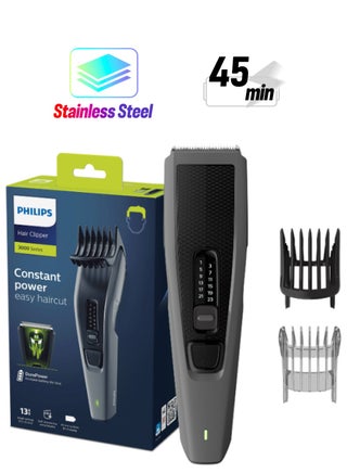 ماكينة قص الشعر HC3525/13 من Philips | قص شعر سهل ومتساوٍ | شفرات ذاتية الشحذ، 13 إعداد للطول | 45 دقيقة من الاستخدام اللاسلكي، تقنية DuraPower، شفرات قابلة للغسل أسود/ رمادي