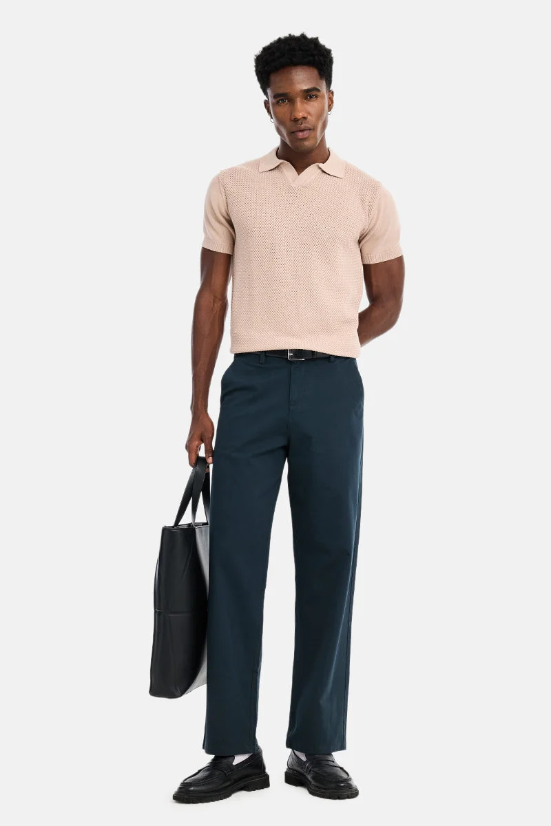 سنيتش Navy Blue Solid Wide Leg Streetwear Chinos