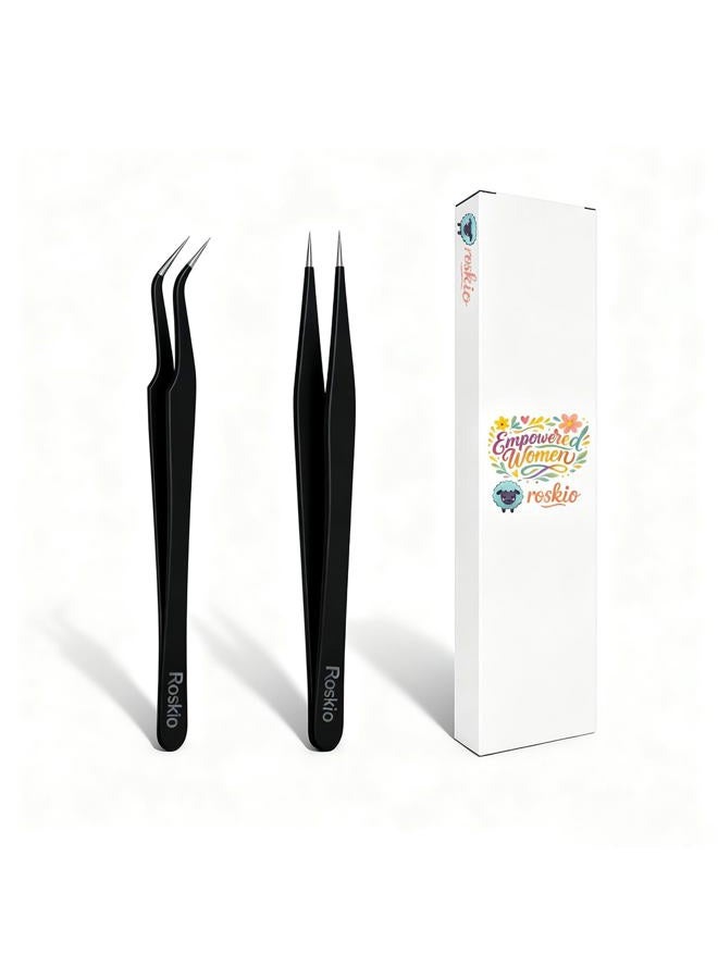 Roskio Nail Art Tweezers and Rhinestone Picker Tool - Sticker and Foil Placer for Eyelash Extension and Nail Decor - 2 Pcs Black - Image 1