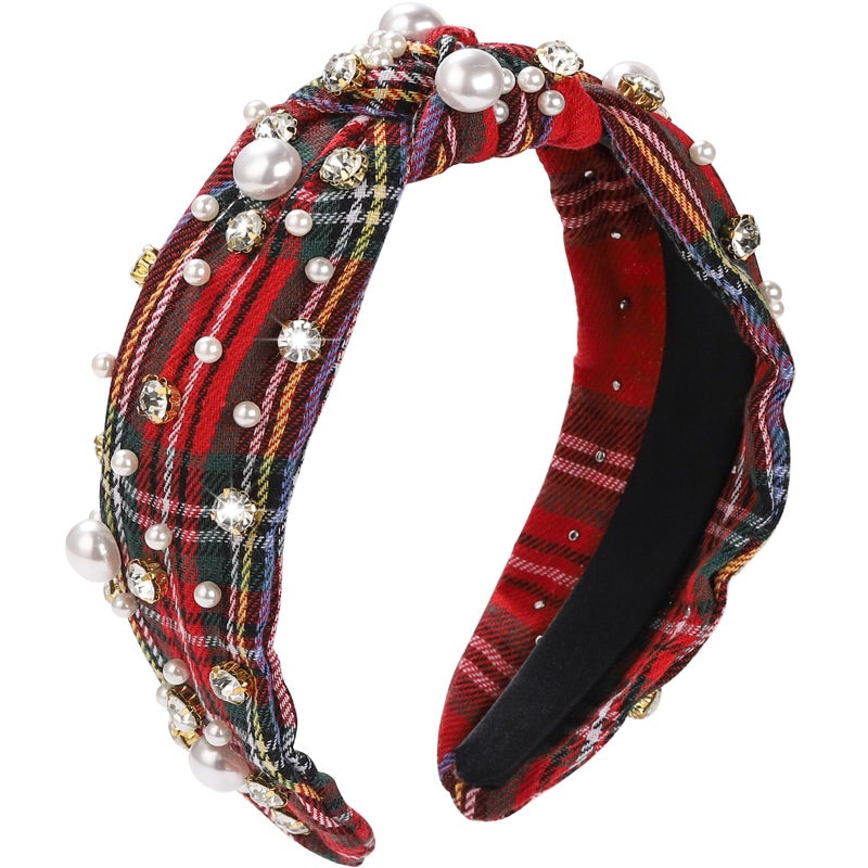 WantGor Pearl Knotted Headband Women Rhinestone Embellished Hairband Elegant Wide Top Knot Bride Headbands Headpieces Party Fashion Elegant Ladies Hair Band Hair Hoop Accessories Red Plaid - Image 3