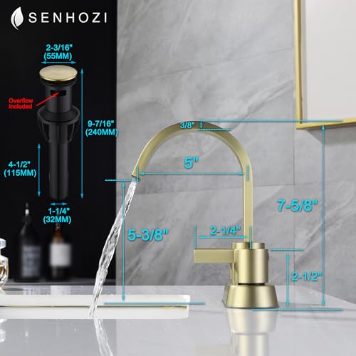 Senhozi صنبور حوض الحمام سنهوزي 3 فتحات باللون الذهبي المصقول، 2 مقبض 4 بوصة مركز ستانلس ستيل مع تصريف قابل للرفع و 2 خطوط إمداد، SE-0048-BG - Image 5