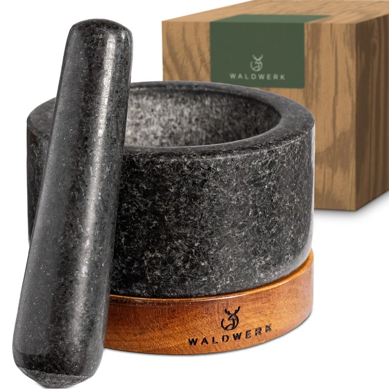 WALDWERK Mortar and Pestle - Mortar and Pestle Set with Anti-Scratch Acacia Wood Base - Mortar with Extra Large Pestle Out of Natural Granite - Large Mortar and Pestle - Perfect for Guacamole - Image 1