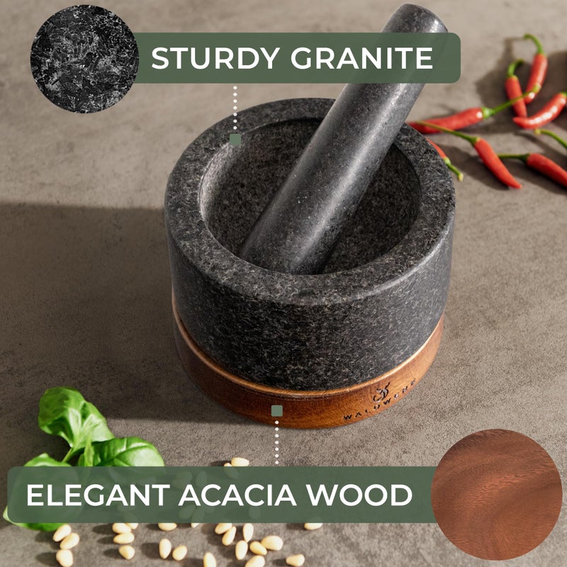 WALDWERK Mortar and Pestle - Mortar and Pestle Set with Anti-Scratch Acacia Wood Base - Mortar with Extra Large Pestle Out of Natural Granite - Large Mortar and Pestle - Perfect for Guacamole - Image 5