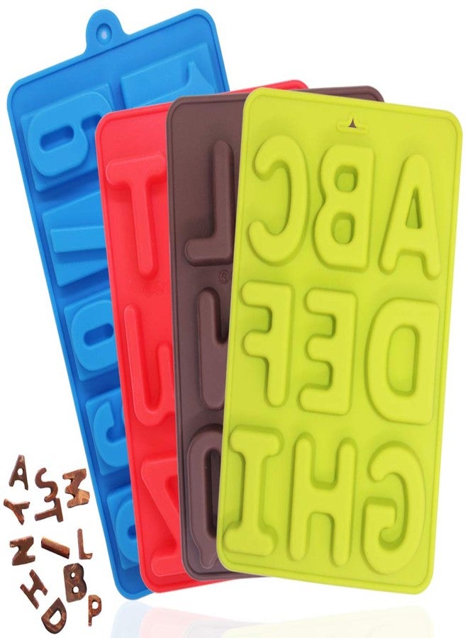 FineGood 4 Pcs Silicone Numbers Alphabets Trays Molds, FineGood 26 letters & Numbers Candy Mould Biscuit Chocolate DIY Baking Pans Ice Cube Making Trays -green, brown, red, blue - Image 1
