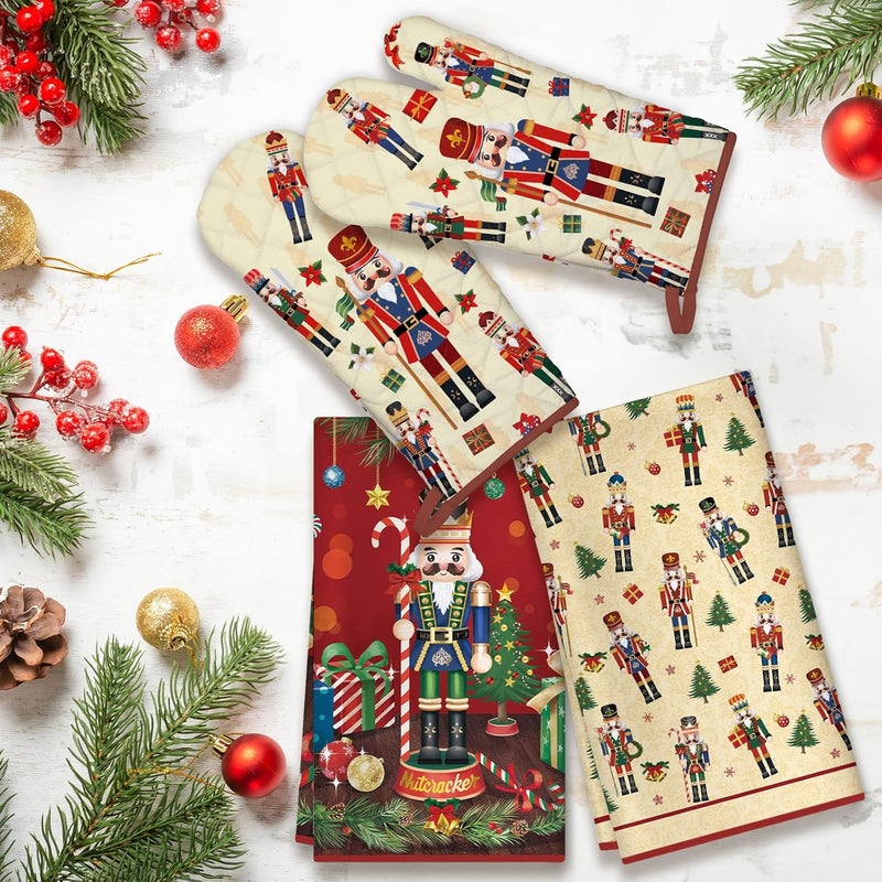 Arquiel Christmas Nutcracker Kitchen Towels and Oven Mitts Set 4Pcs, Soft Absorbent Dish Cloth Heat Resistant Oven Gloves for Cooking Baking Kitchen Decoration, Gifts for Her - Image 2