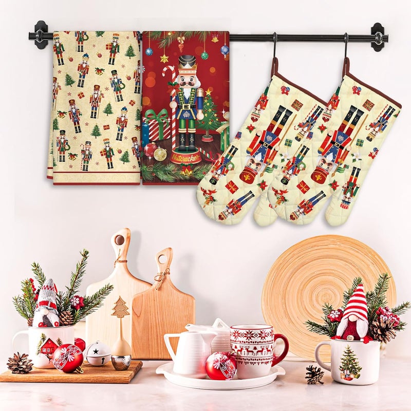 Arquiel Christmas Nutcracker Kitchen Towels and Oven Mitts Set 4Pcs, Soft Absorbent Dish Cloth Heat Resistant Oven Gloves for Cooking Baking Kitchen Decoration, Gifts for Her - Image 3
