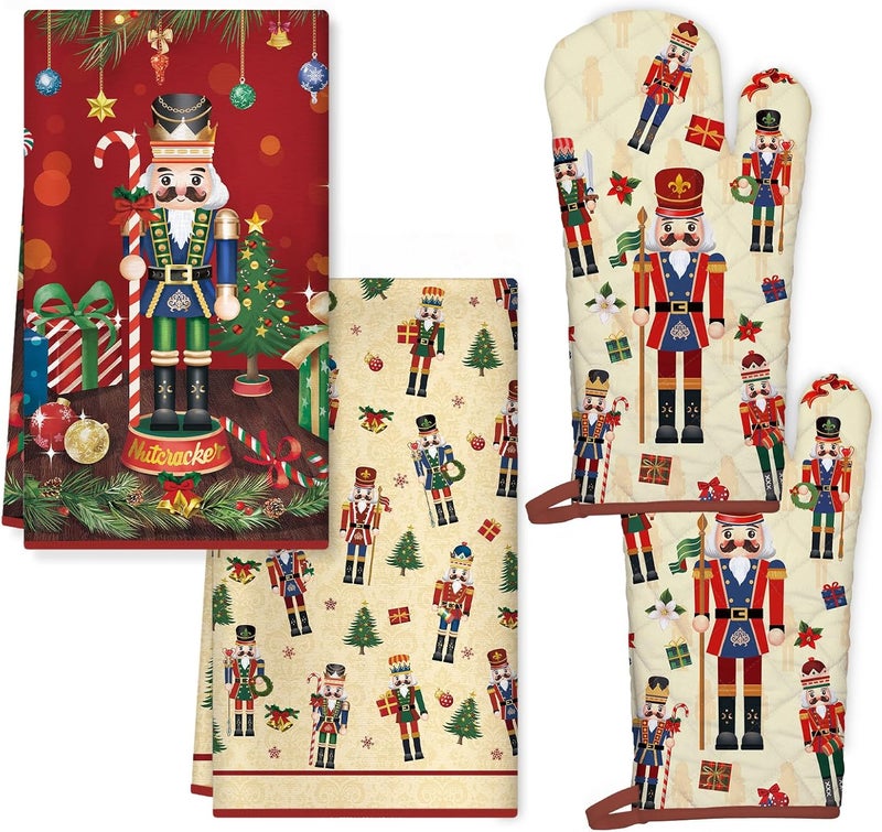 Arquiel Christmas Nutcracker Kitchen Towels and Oven Mitts Set 4Pcs, Soft Absorbent Dish Cloth Heat Resistant Oven Gloves for Cooking Baking Kitchen Decoration, Gifts for Her - Image 1
