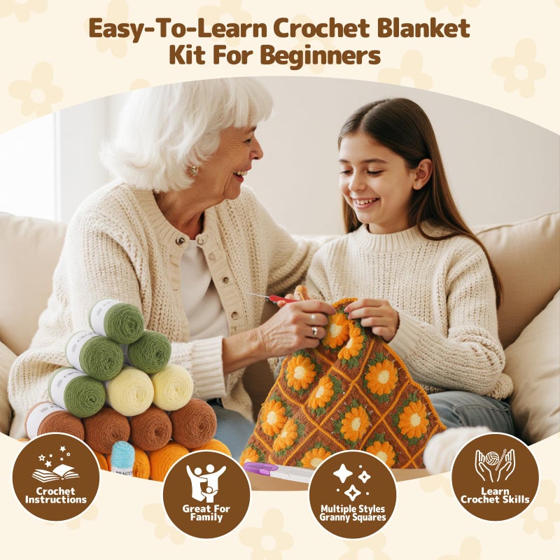 WILSHIN Blanket Crochet Kit for Beginners, Granny Squares Crochet Blanket Kit with Soft Yarns, Detailed Instructions & Step-by-Step Tutorials, Easy Knitting Kit for Beginner Craft Gift(Brown Sunflower) - Image 3