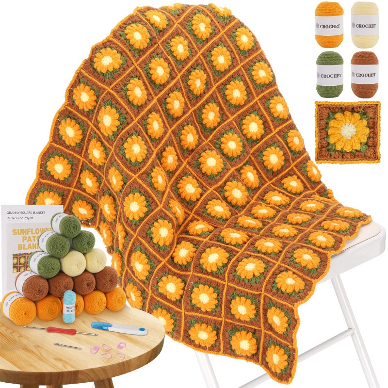 WILSHIN Blanket Crochet Kit for Beginners, Granny Squares Crochet Blanket Kit with Soft Yarns, Detailed Instructions & Step-by-Step Tutorials, Easy Knitting Kit for Beginner Craft Gift(Brown Sunflower) - Image 1