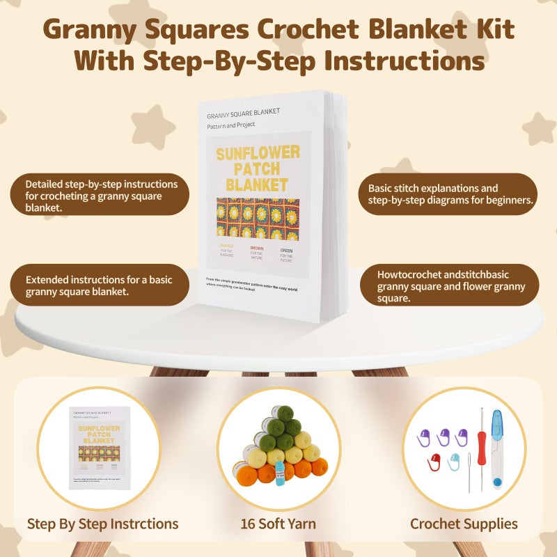 WILSHIN Blanket Crochet Kit for Beginners, Granny Squares Crochet Blanket Kit with Soft Yarns, Detailed Instructions & Step-by-Step Tutorials, Easy Knitting Kit for Beginner Craft Gift(Brown Sunflower) - Image 4