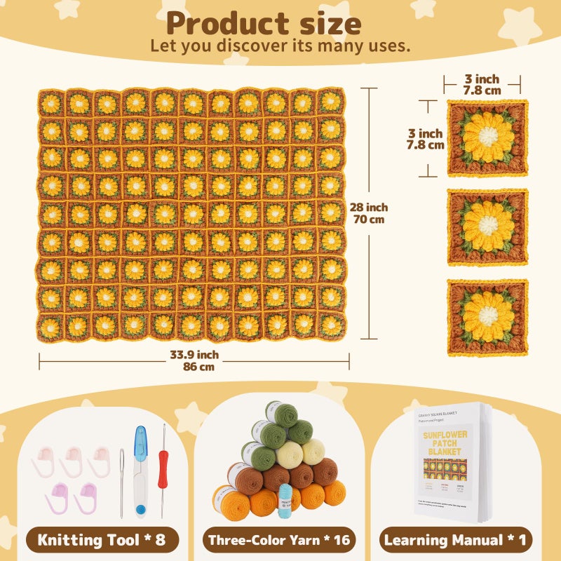 WILSHIN Blanket Crochet Kit for Beginners, Granny Squares Crochet Blanket Kit with Soft Yarns, Detailed Instructions & Step-by-Step Tutorials, Easy Knitting Kit for Beginner Craft Gift(Brown Sunflower) - Image 5