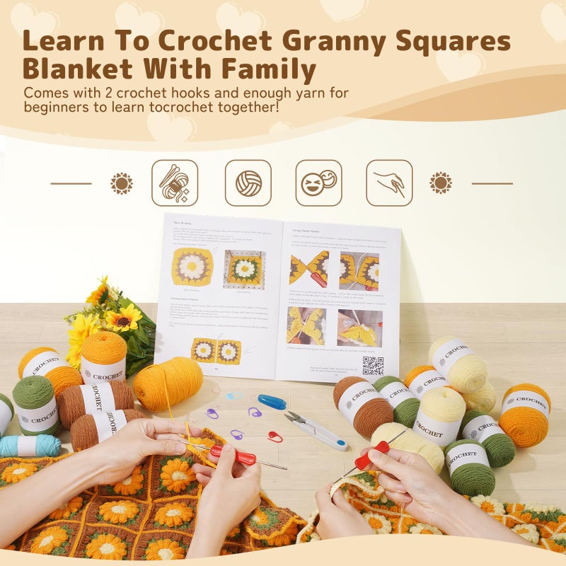 WILSHIN Blanket Crochet Kit for Beginners, Granny Squares Crochet Blanket Kit with Soft Yarns, Detailed Instructions & Step-by-Step Tutorials, Easy Knitting Kit for Beginner Craft Gift(Brown Sunflower) - Image 2