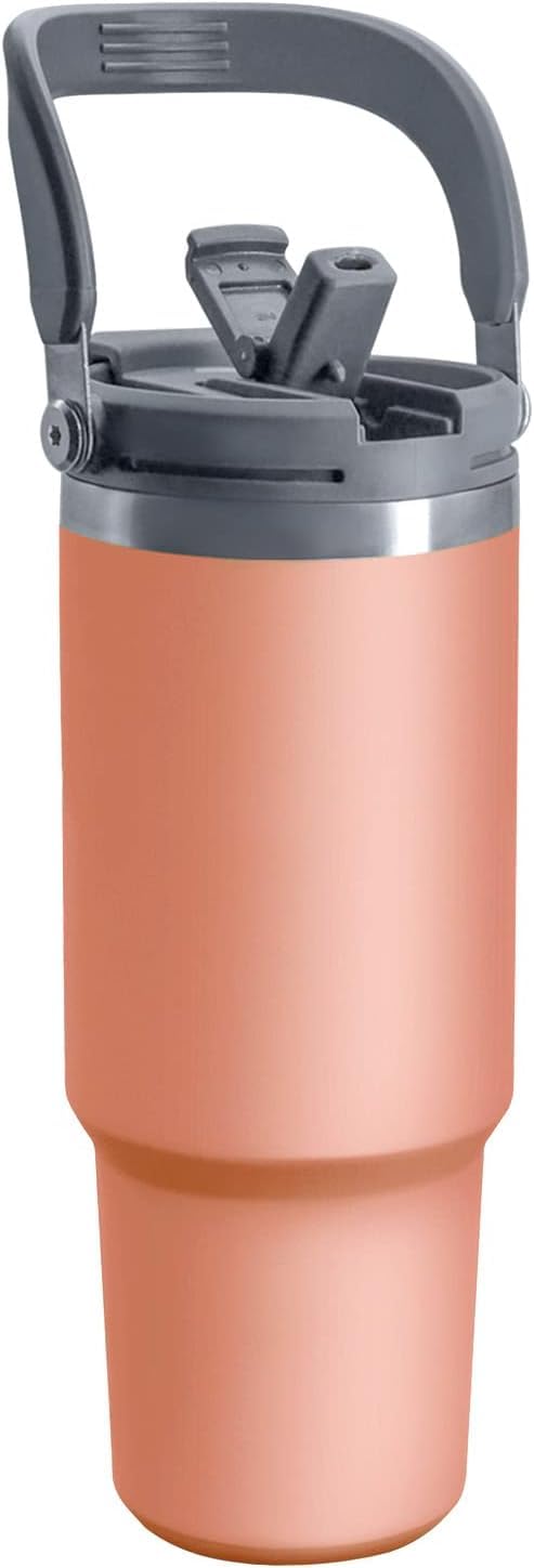 Vasukie 900ML Stainless Steel Tumbler with Straw and Top Handle, Leakproof Sipper Water Bottle, Dual Flip Lid for Office, Gym, Water, Coffee, Tea and Cold Drinks (Orange) - Image 1
