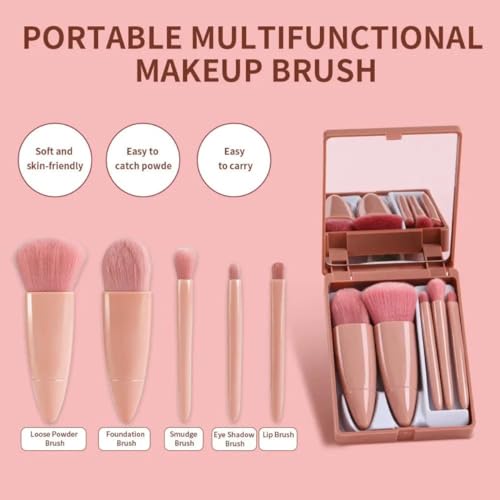 Cavernshop Professional 5 in 1 Small Mini Makeup Brush Kit with Mirror for Face Eye Shadows Eyeshadow Powder Blush Cosmetic Case Set Cleanser for Women Foundation Travel Brushes for Girl Female - Image 4