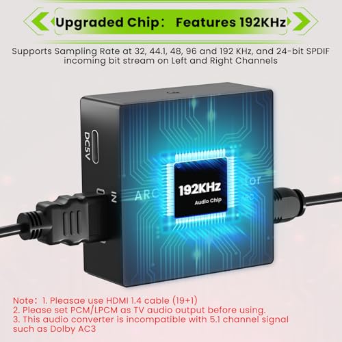 Tihokile 192KHz ARC Audio Extractor, HDMI ARC to Toslink/Optical+3.5mm AUX Output, HDMI to Optical Audio Adapter with Optical Cable, ARC to RCA Audio Converter for TV Amplifier Speaker/Soundbar/Headset - Image 4