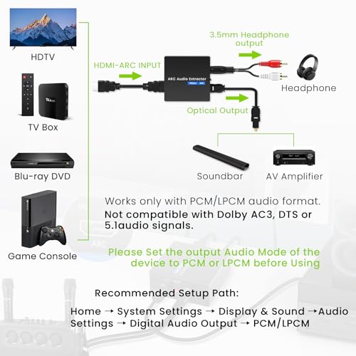 Tihokile 192KHz ARC Audio Extractor, HDMI ARC to Toslink/Optical+3.5mm AUX Output, HDMI to Optical Audio Adapter with Optical Cable, ARC to RCA Audio Converter for TV Amplifier Speaker/Soundbar/Headset - Image 2
