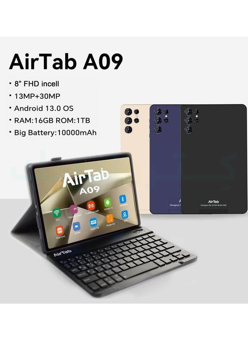 AirTab A09 Tablet with Keyboard, 8 inch FHD Screen, 1TB Internal Memory, 16GB RAM - with Powerful 10,000mAh Battery, Gold